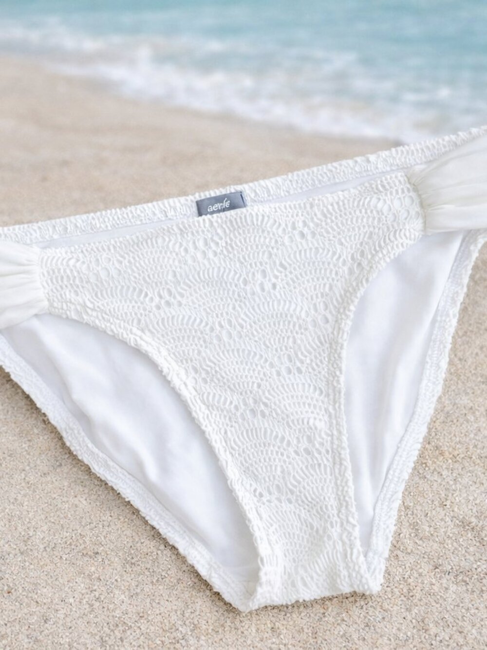 Aerie Crochet Swim White Lace Bikini Bottom Beachy Boho Scallop Trim Essential